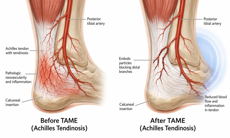 Illustration of the Achilles tendon before and after TAME, showing pathologic neovascularity and inflammation around the calcaneal insertion before treatment, and embolic particles blocking the distal branches with reduced blood flow and inflammation after treatment