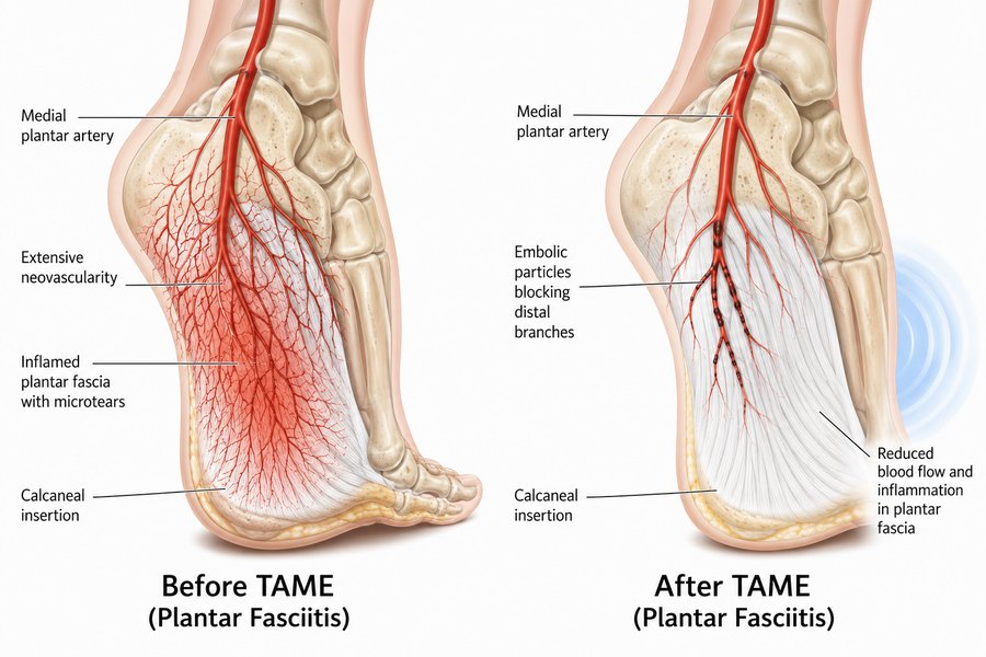 Illustration of the plantar fascia before and after TAME, showing extensive neovascularity and an inflamed plantar fascia with microtears before treatment, and embolic particles blocking the distal branches with reduced blood flow and inflammation after treatment