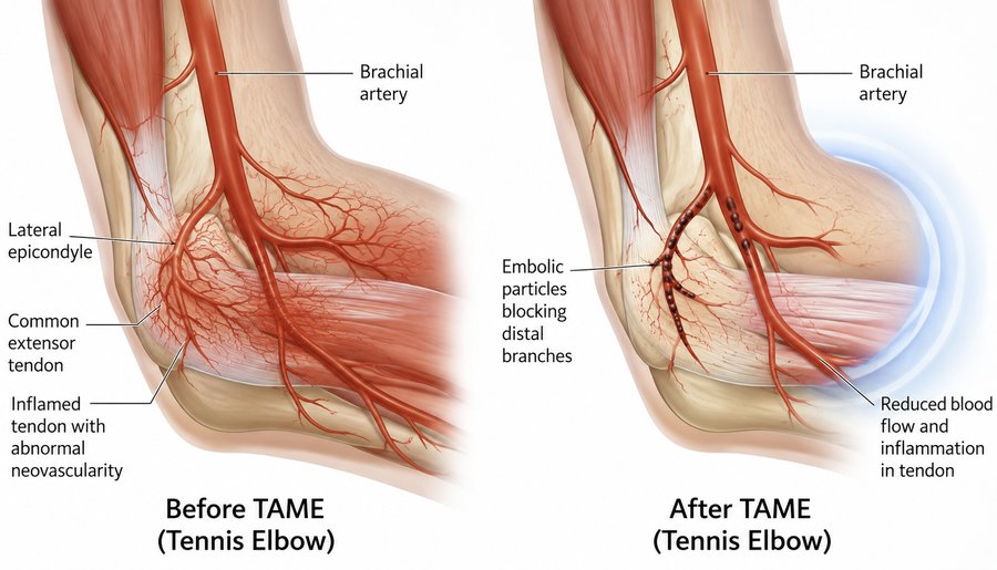 Illustration of the lateral epicondyle before and after TAME, showing an inflamed common extensor tendon with abnormal neovascularity before treatment, and embolic particles blocking the distal branches with reduced blood flow and inflammation after treatment