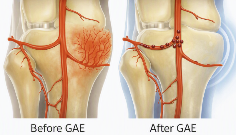 Illustration of the knee's genicular arteries before and after genicular artery embolisation, showing the abnormal, dense blood vessel network feeding the inflamed joint lining before treatment, and embolic coils blocking those vessels after treatment